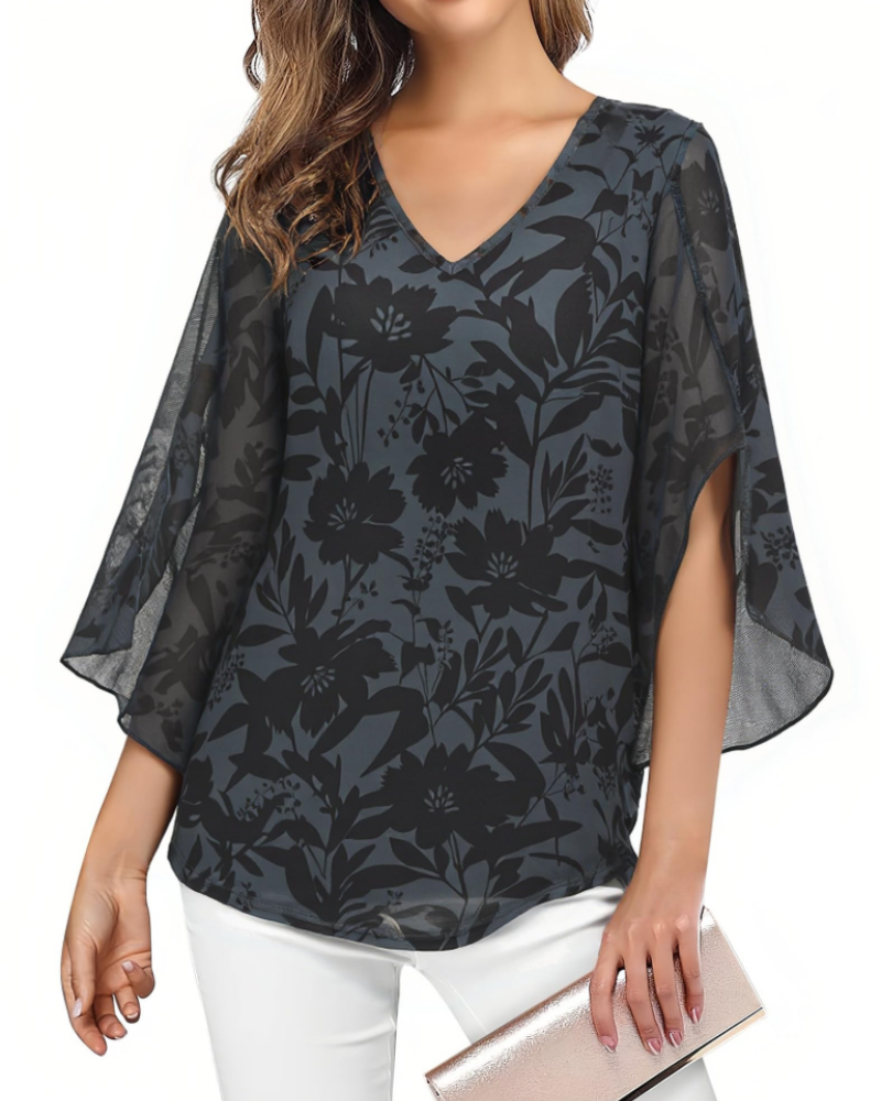 Kristine Women's Summer Blouse – Floral V-Neck, 3/4 Ruffle Sleeves, Plus Size
