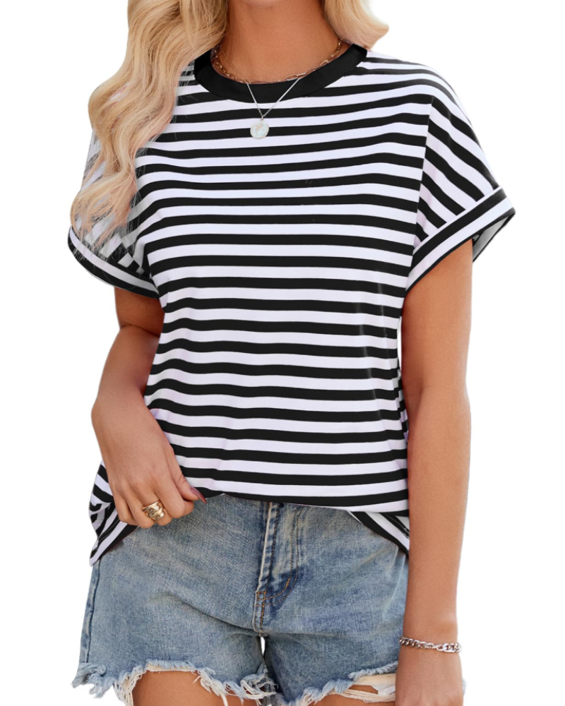 Tricou de vară pentru femei Madison – Oversize cu dungi, bumbac, guler rotund