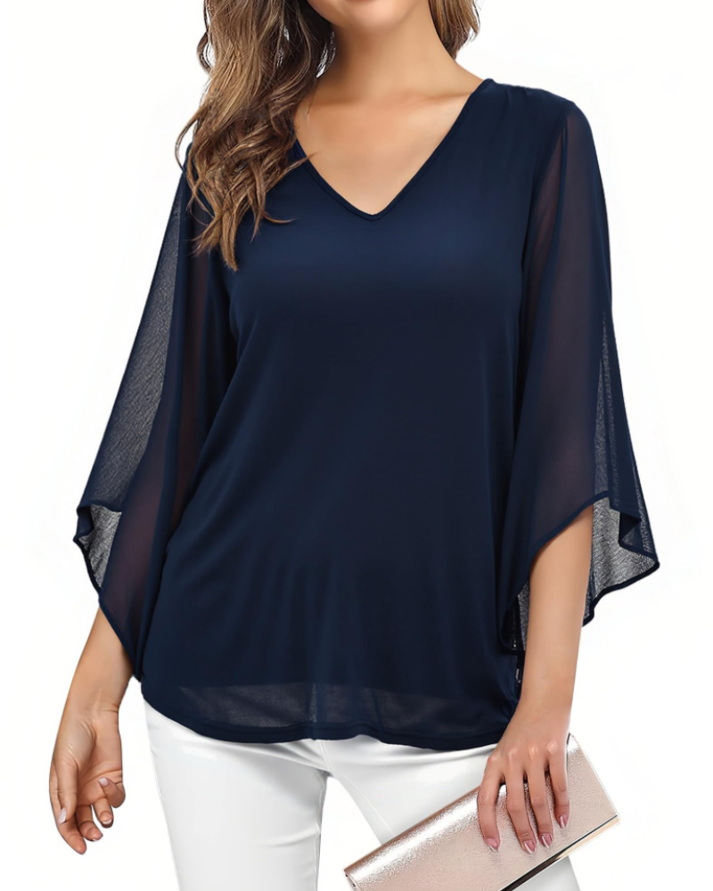 Kristine Women's Summer Blouse – Floral V-Neck, 3/4 Ruffle Sleeves, Plus Size