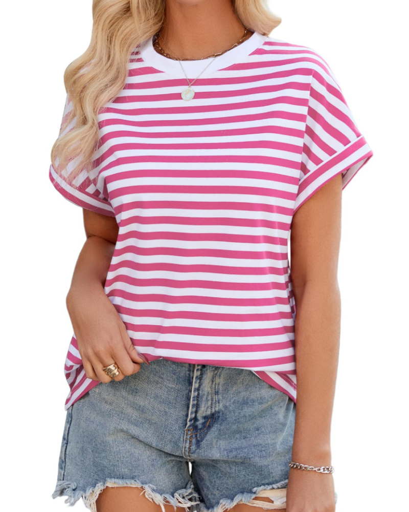 Tricou de vară pentru femei Madison – Oversize cu dungi, bumbac, guler rotund