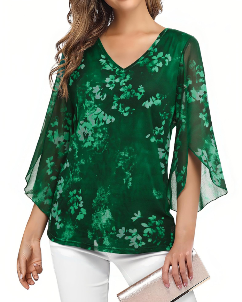 Kristine Women's Summer Blouse – Floral V-Neck, 3/4 Ruffle Sleeves, Plus Size