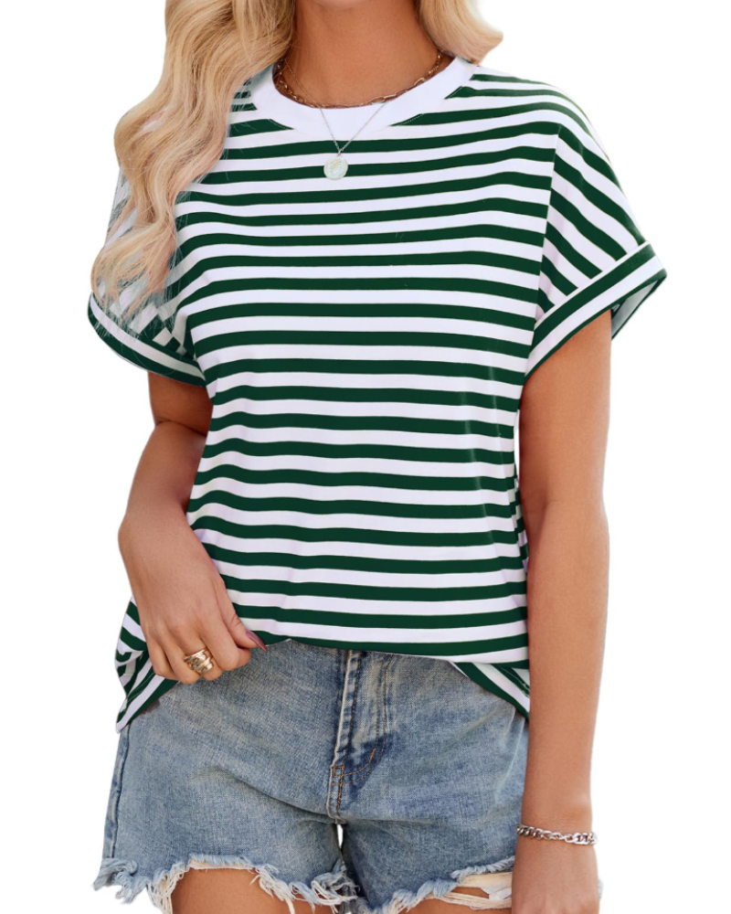 Tricou de vară pentru femei Madison – Oversize cu dungi, bumbac, guler rotund