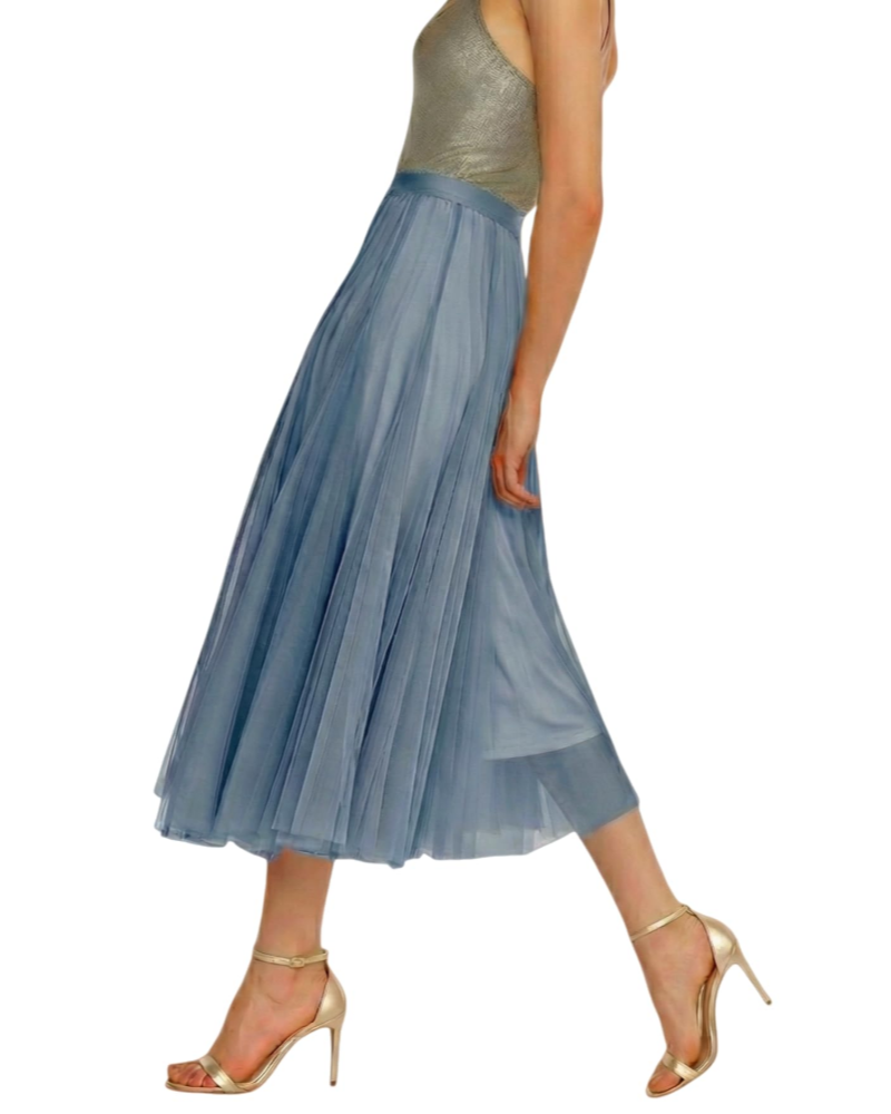 Aveline Jupe Midi Femme – Tulle Plissé Multicouche, Taille Haute Contrastée & Doublée