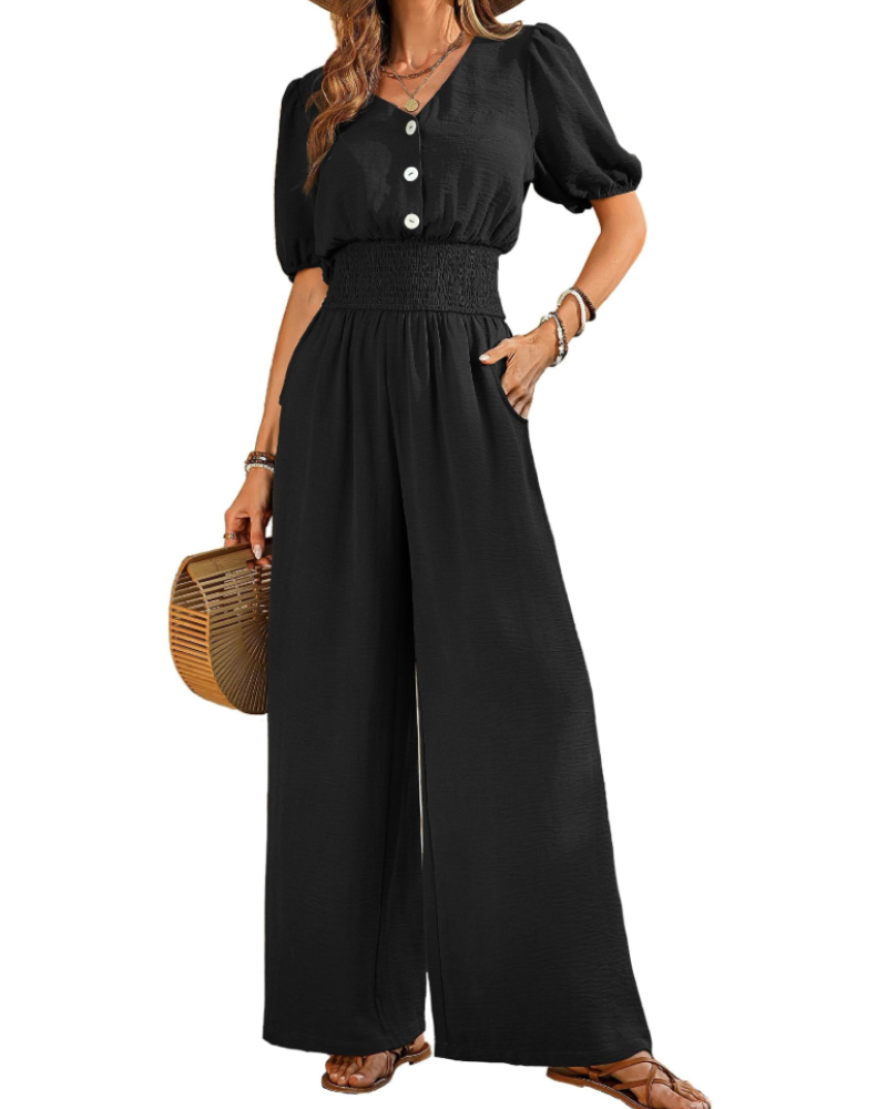 Rosamund-jumpsuit til kvinder – V-hals, korte ærmer, elastisk talje, brede ben og lommer