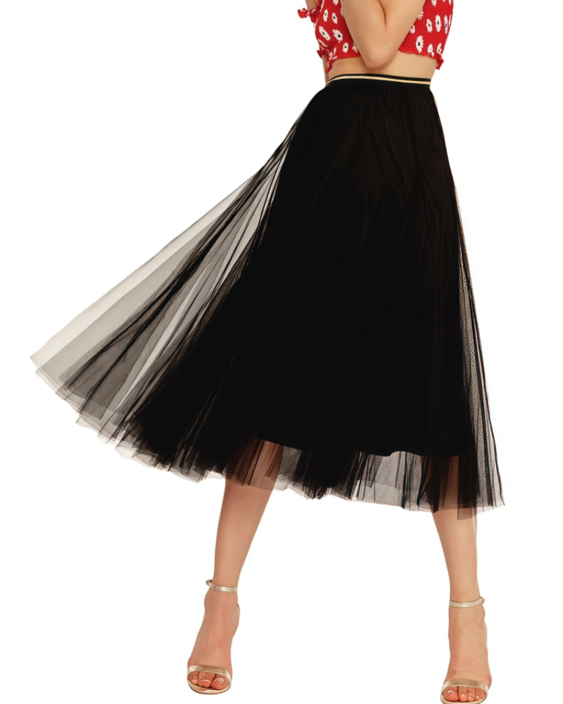 Aveline Jupe Midi Femme – Tulle Plissé Multicouche, Taille Haute Contrastée & Doublée