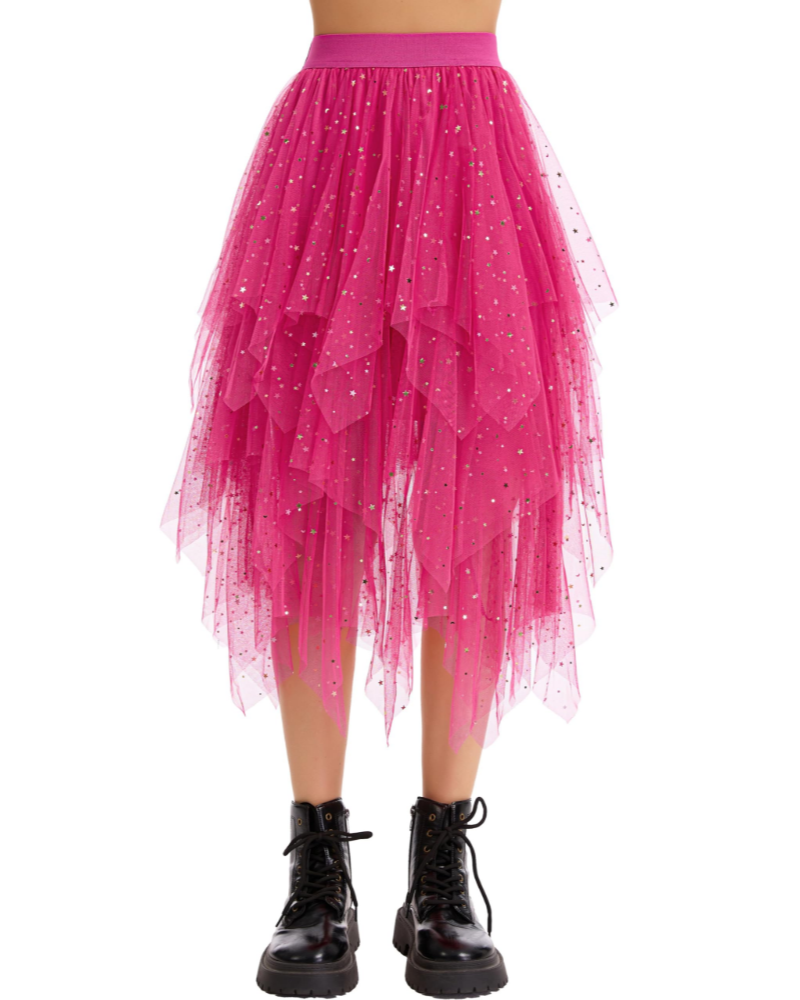 Elara Jupe Midi Femme – Tulle à Sequins, Taille Élastique, Volants & Ourlet Asymétrique