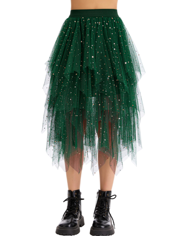 Elara Jupe Midi Femme – Tulle à Sequins, Taille Élastique, Volants & Ourlet Asymétrique