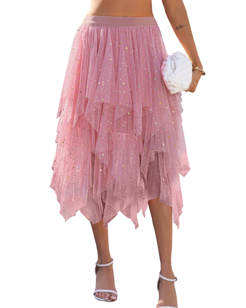 Elara Jupe Midi Femme – Tulle à Sequins, Taille Élastique, Volants & Ourlet Asymétrique