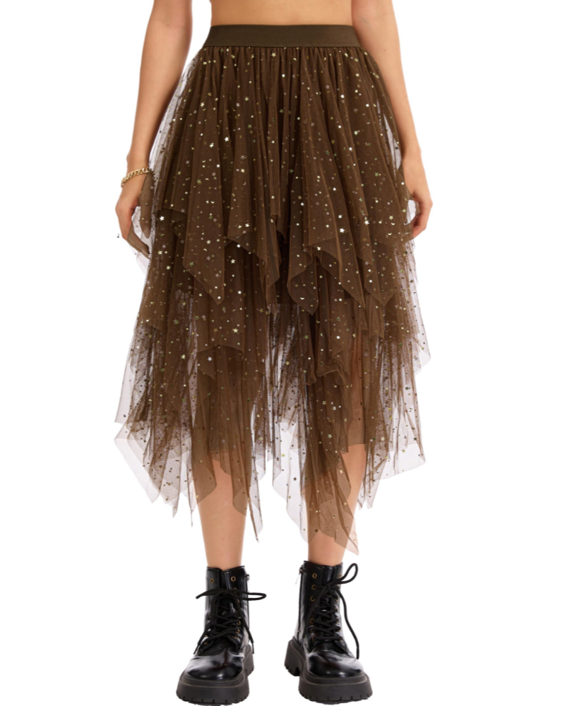 Elara Jupe Midi Femme – Tulle à Sequins, Taille Élastique, Volants & Ourlet Asymétrique