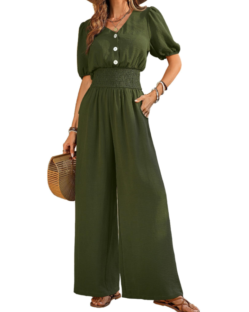 Rosamund-jumpsuit til kvinder – V-hals, korte ærmer, elastisk talje, brede ben og lommer