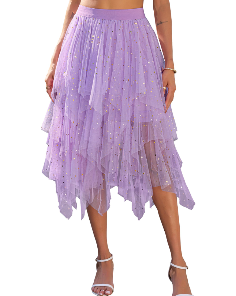 Elara Jupe Midi Femme – Tulle à Sequins, Taille Élastique, Volants & Ourlet Asymétrique