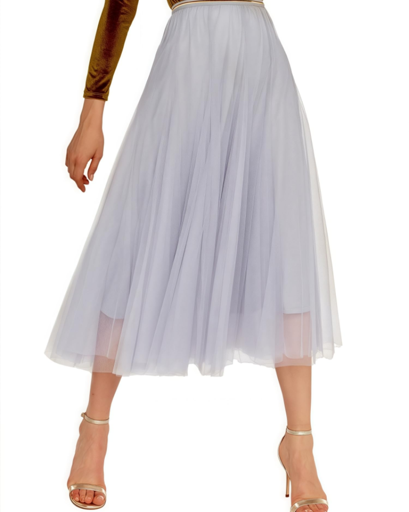 Aveline Jupe Midi Femme – Tulle Plissé Multicouche, Taille Haute Contrastée & Doublée