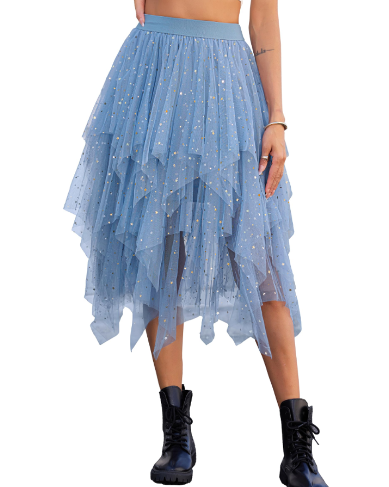 Elara Jupe Midi Femme – Tulle à Sequins, Taille Élastique, Volants & Ourlet Asymétrique