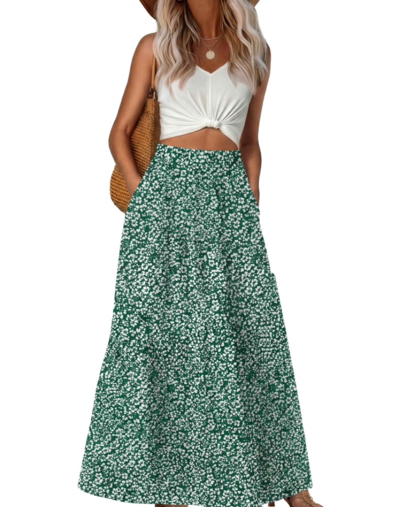 Gwendolyn Damen-Maxirock – Elastischer hoher Bund, florales Boho-Design, fließend und mit Taschen