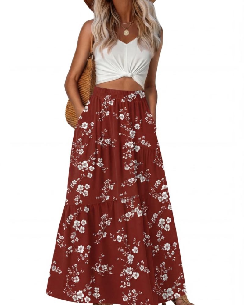 Gwendolyn Damen-Maxirock – Elastischer hoher Bund, florales Boho-Design, fließend und mit Taschen