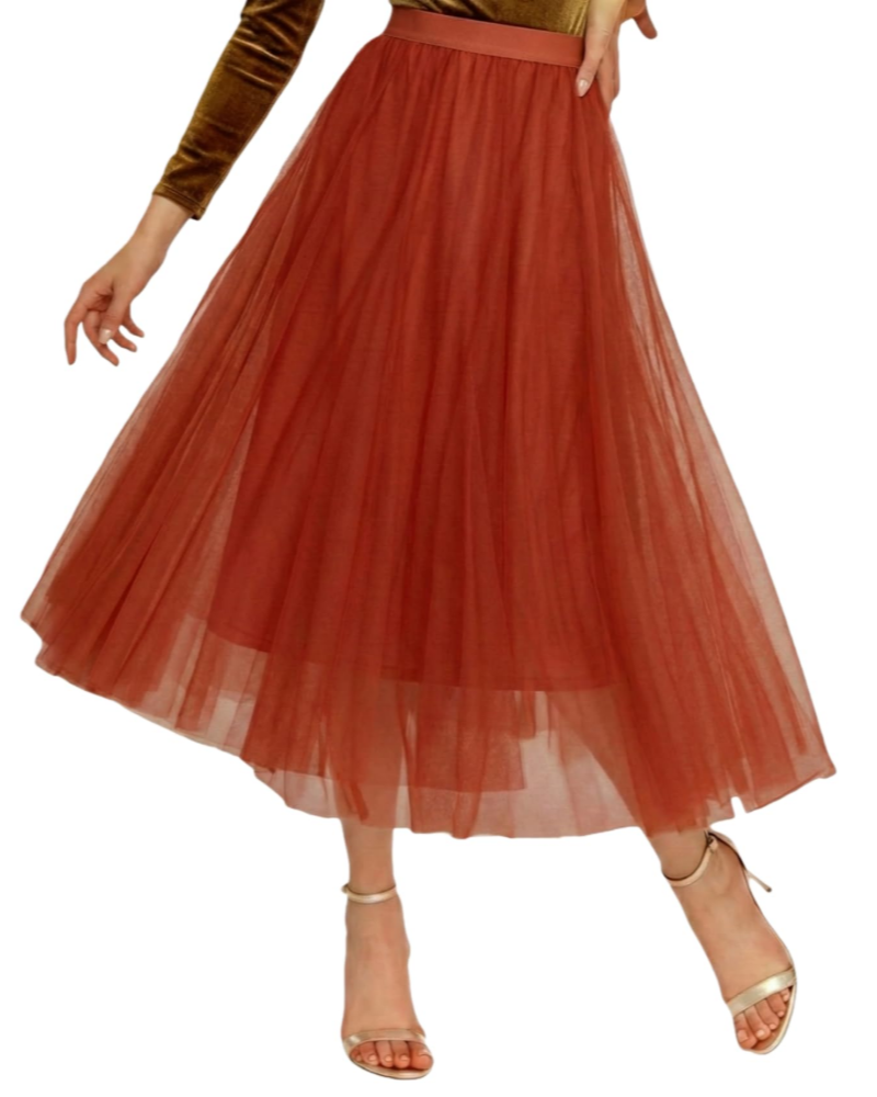Aveline Jupe Midi Femme – Tulle Plissé Multicouche, Taille Haute Contrastée & Doublée
