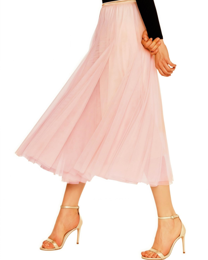 Aveline Jupe Midi Femme – Tulle Plissé Multicouche, Taille Haute Contrastée & Doublée