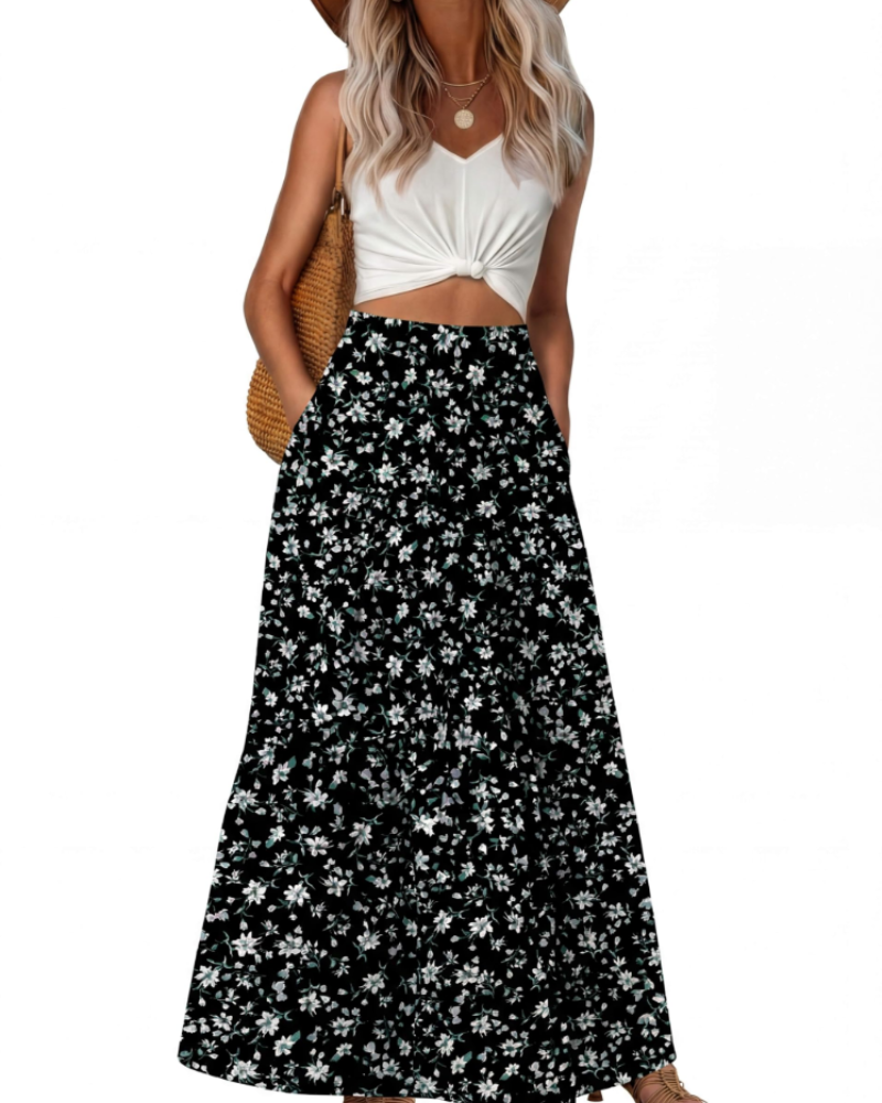 Gwendolyn Damen-Maxirock – Elastischer hoher Bund, florales Boho-Design, fließend und mit Taschen