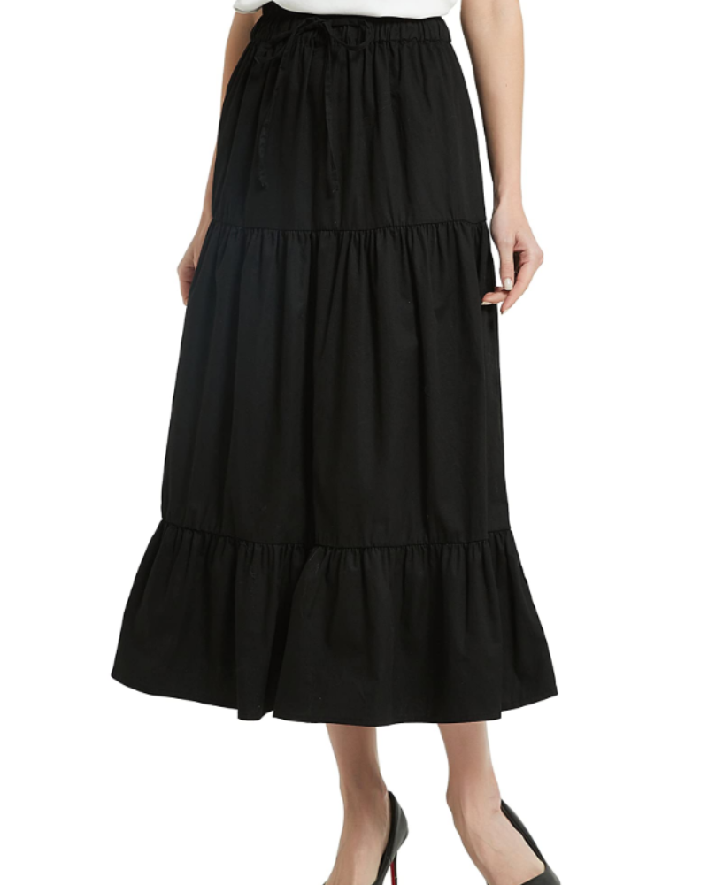 Imogen Jupe Midi Femme – 100% Coton, Taille Élastique à Cordon, Coupe Évasée & Volants