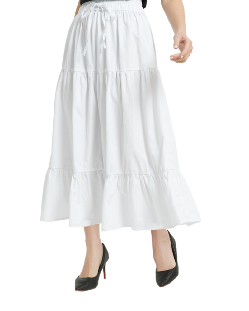 Imogen Jupe Midi Femme – 100% Coton, Taille Élastique à Cordon, Coupe Évasée & Volants
