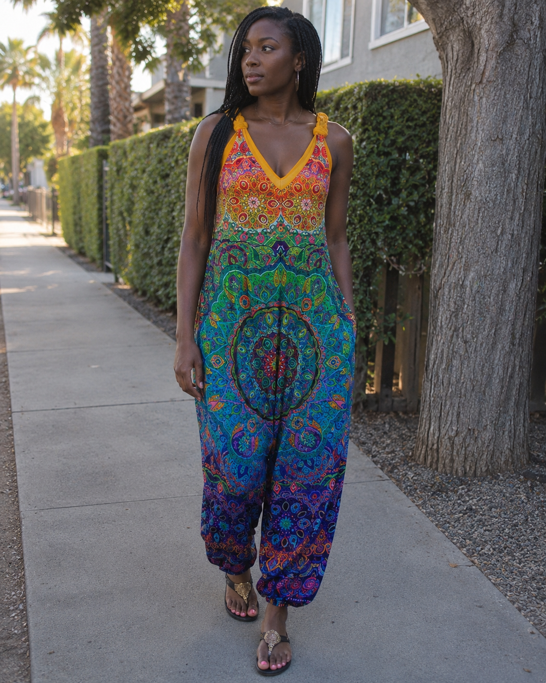 Maristella Mono Largo para Mujer – Estampado Bohemio, Sin Mangas, Corte Holgado y Bolsillos