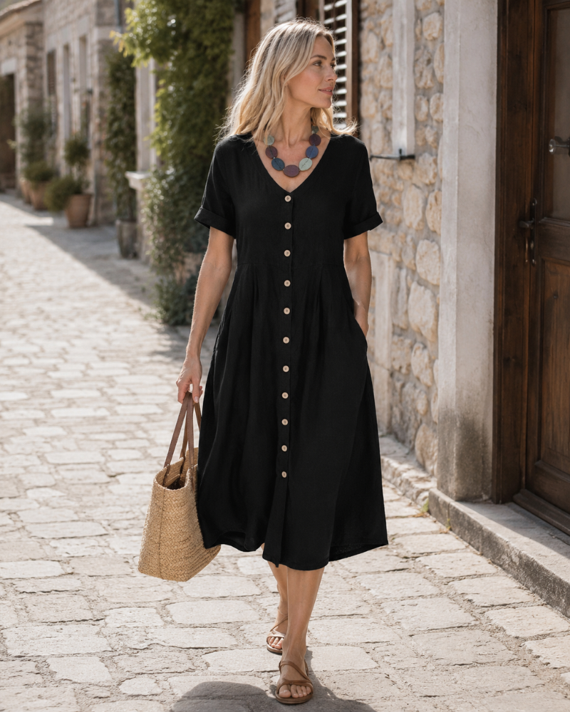 Rochie maxi pentru femei Glaiza din in – decolteu în V, cu nasturi, mâneci scurte, mărime mare, vară