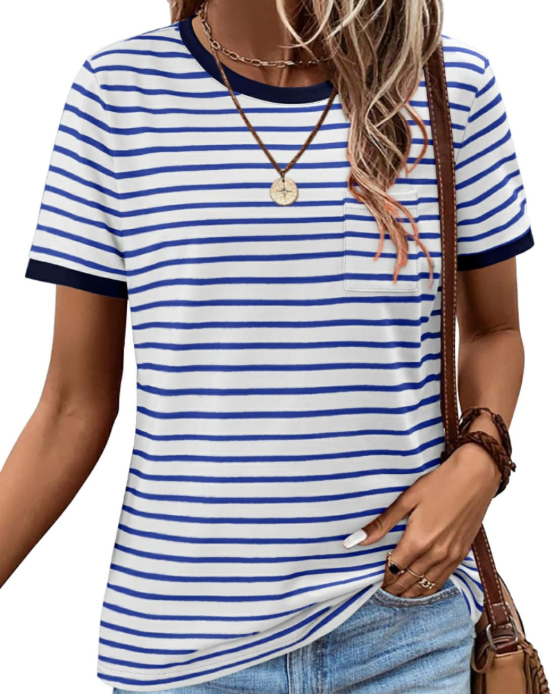 Tricou de vară pentru femei – cu dungi colorate, mâneci scurte, bumbac