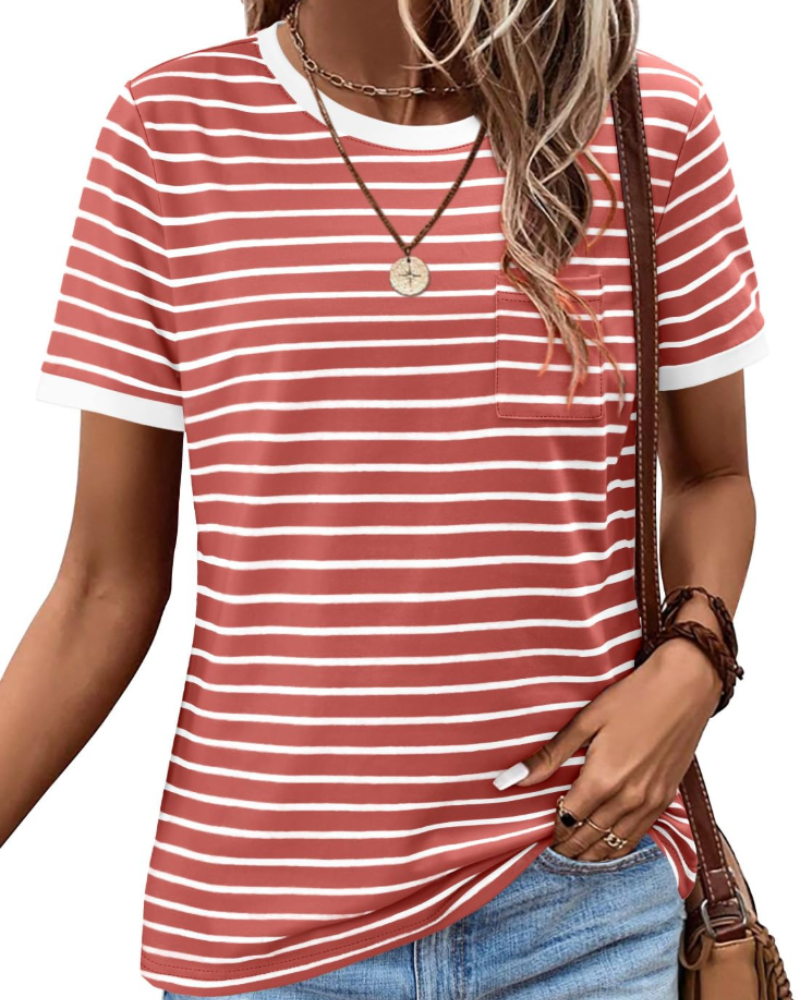 Tricou de vară pentru femei – cu dungi colorate, mâneci scurte, bumbac