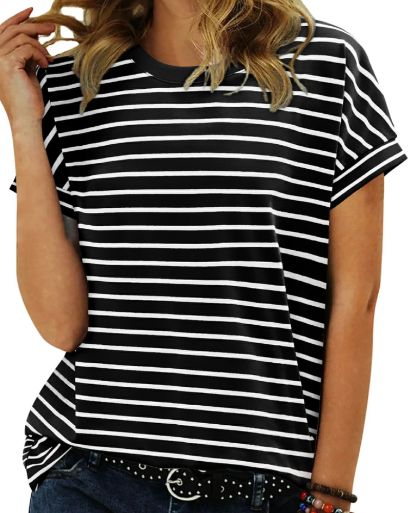 Tricou de vară pentru femei – cu dungi colorate, mâneci scurte, bumbac