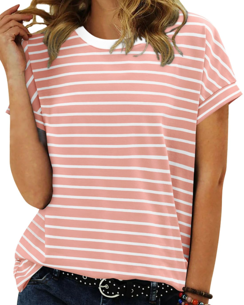 Tricou de vară pentru femei – cu dungi colorate, mâneci scurte, bumbac
