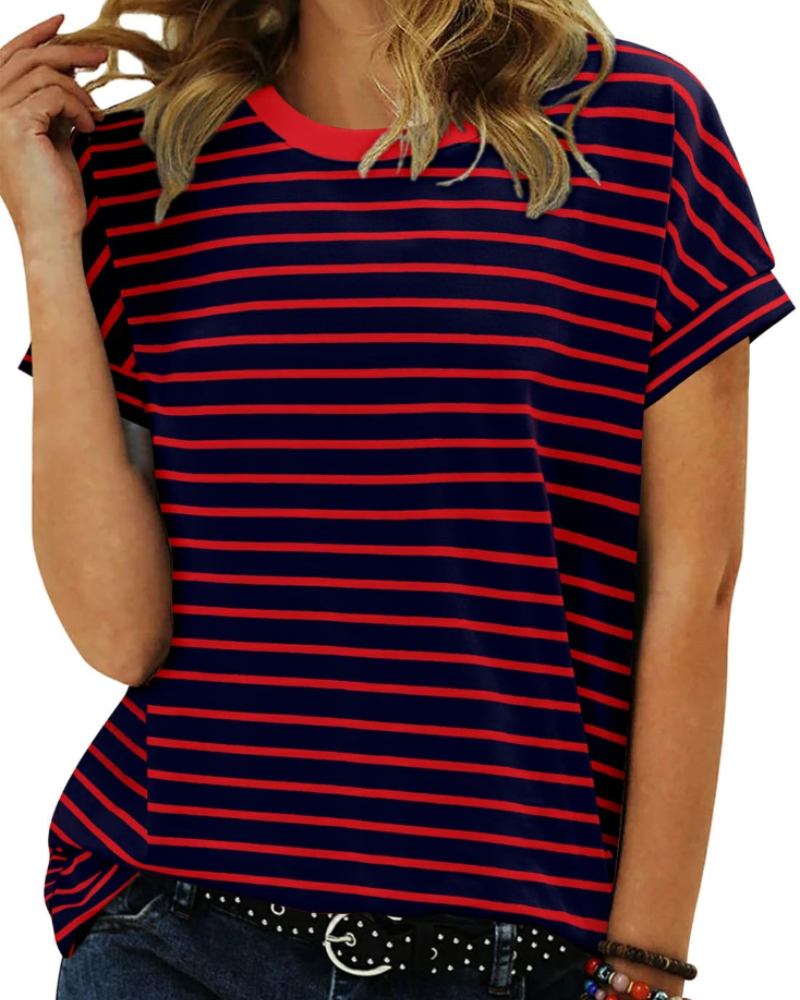 Tricou de vară pentru femei – cu dungi colorate, mâneci scurte, bumbac