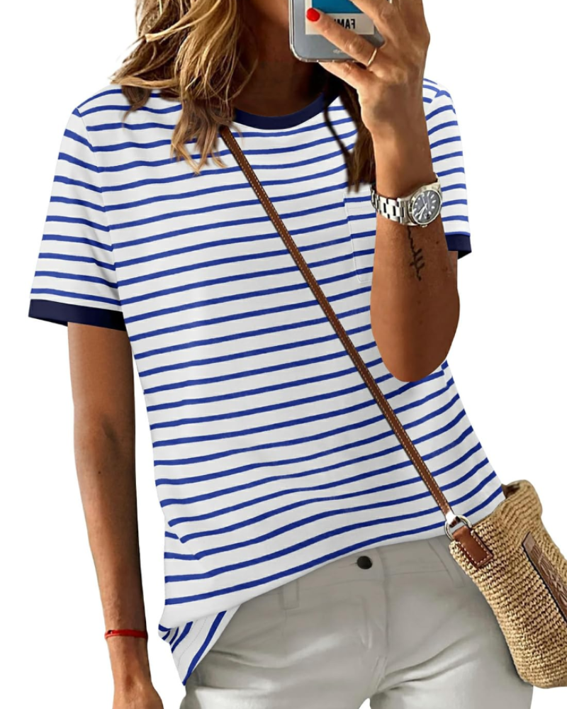 Tricou de vară pentru femei – cu dungi colorate, mâneci scurte, bumbac