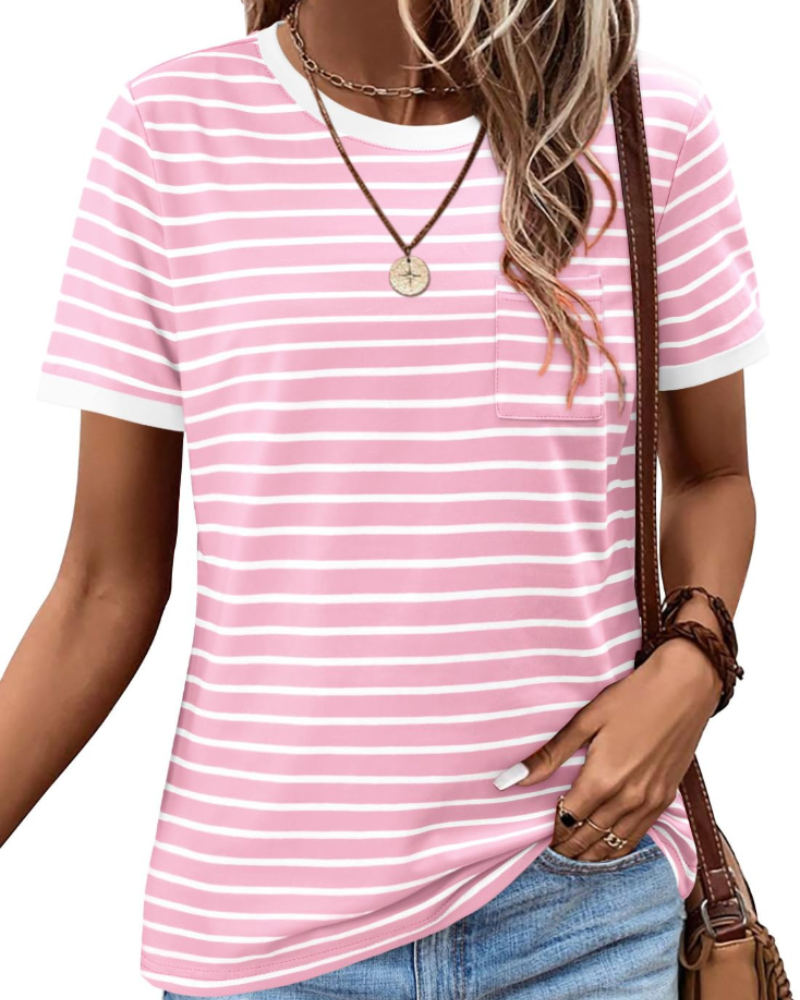 Tricou de vară pentru femei – cu dungi colorate, mâneci scurte, bumbac