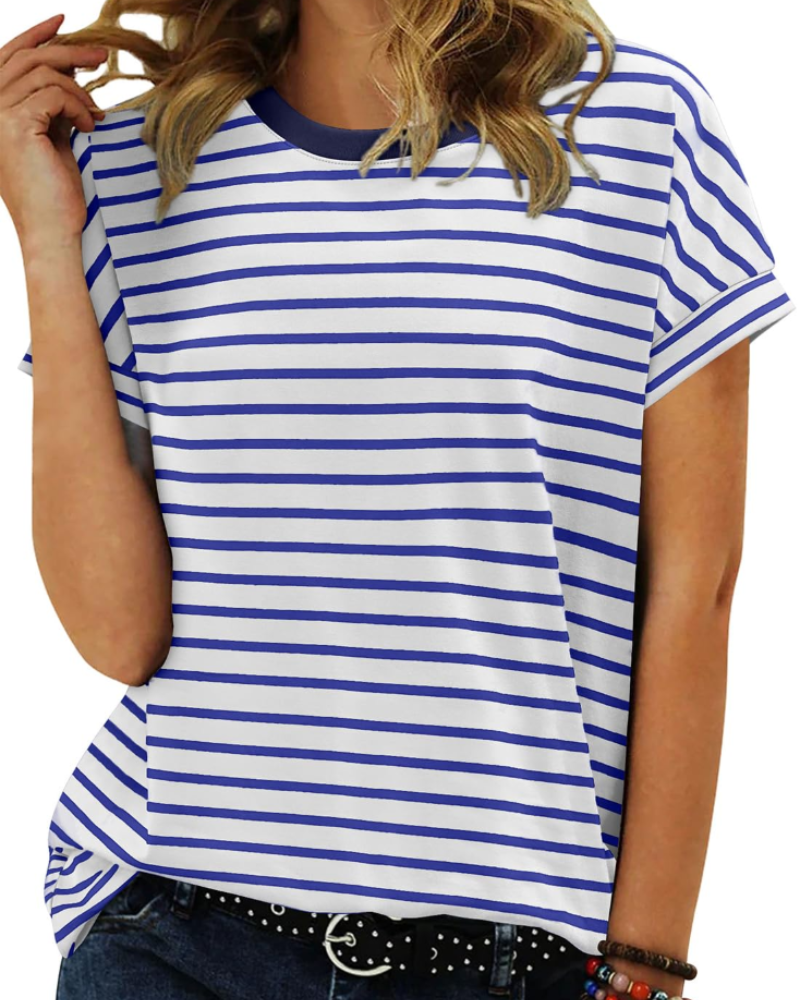 Tricou de vară pentru femei – cu dungi colorate, mâneci scurte, bumbac
