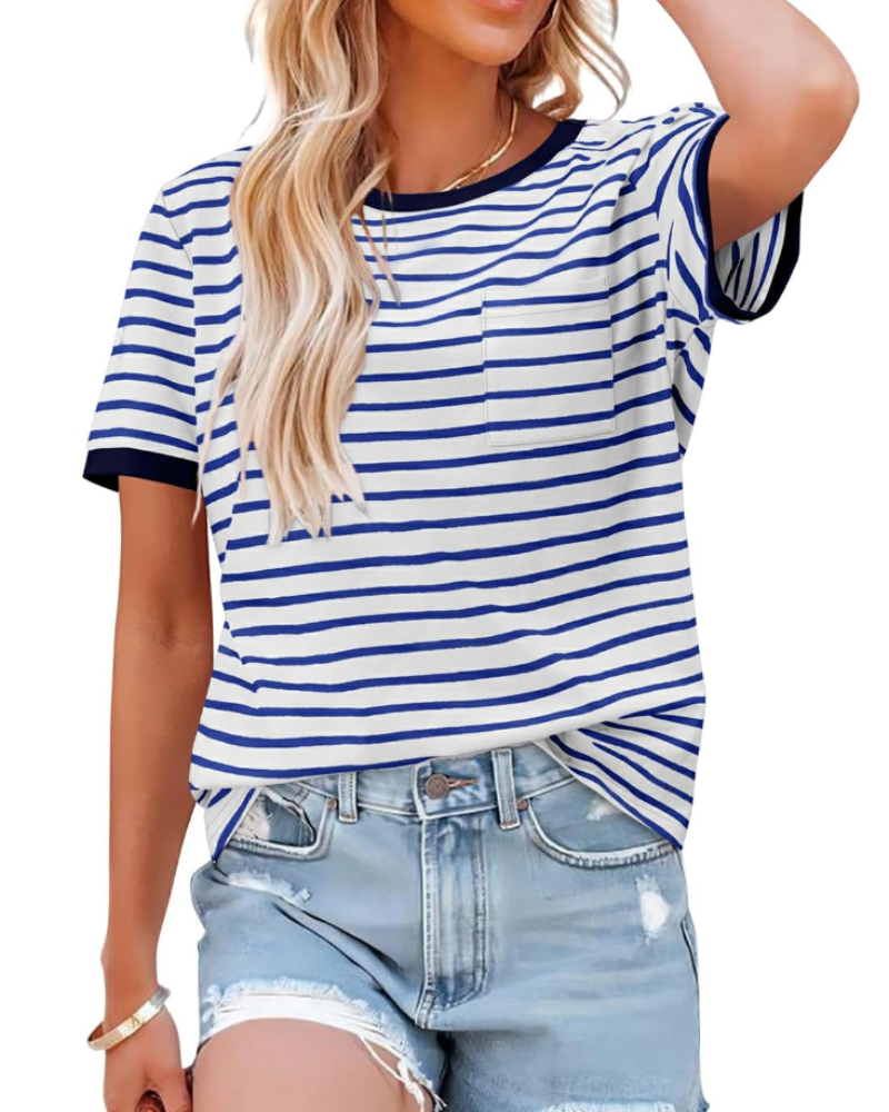 Tricou de vară pentru femei – cu dungi colorate, mâneci scurte, bumbac