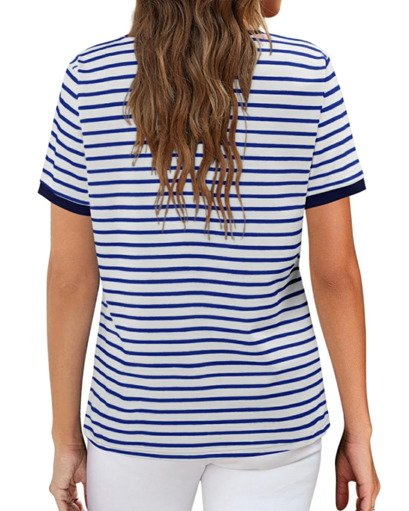 Tricou de vară pentru femei – cu dungi colorate, mâneci scurte, bumbac