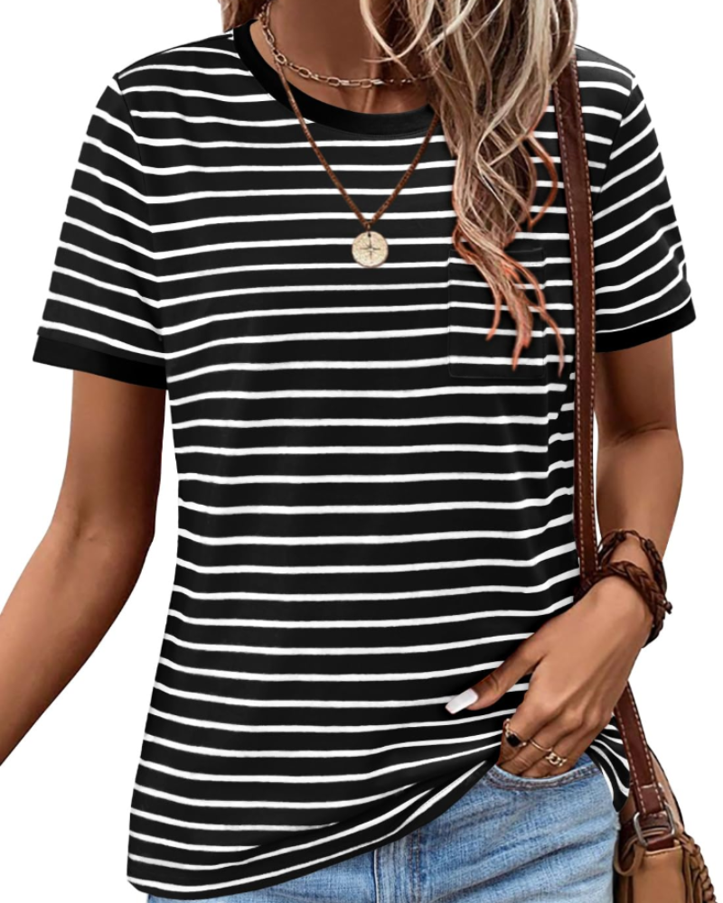 Tricou de vară pentru femei – cu dungi colorate, mâneci scurte, bumbac