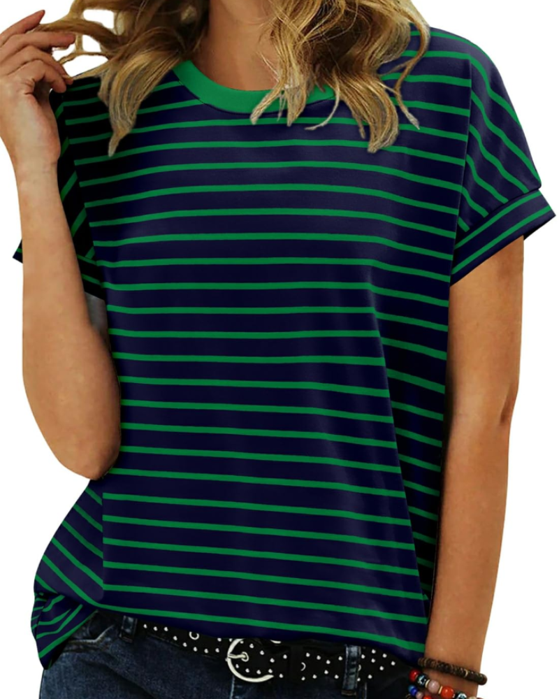 Tricou de vară pentru femei – cu dungi colorate, mâneci scurte, bumbac