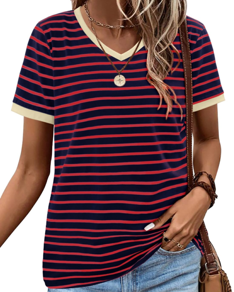 Tricou de vară pentru femei – cu dungi colorate, mâneci scurte, bumbac