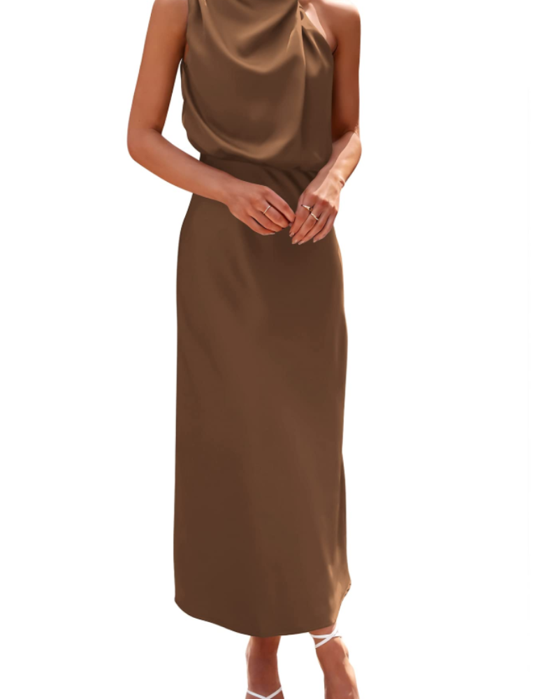 Zena Robe Femme – Robe Maxi Satinée Col Montant, Coupe Fluide Élégante Soirée