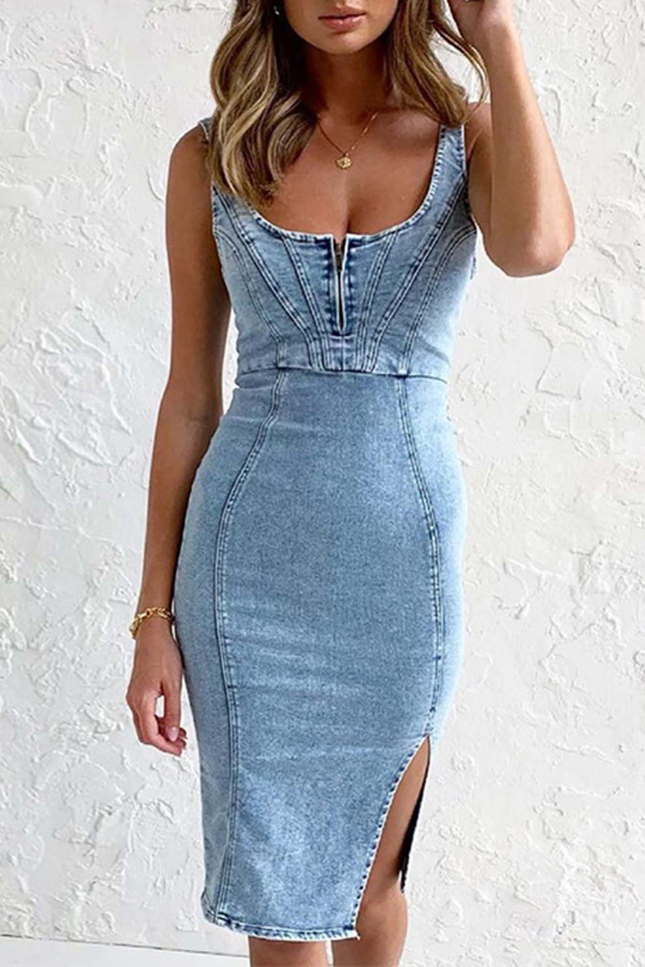 Robe en Jean Femme Reah – Robe Midi en Denim avec Fermeture Éclair, Fente & Finition Tendance