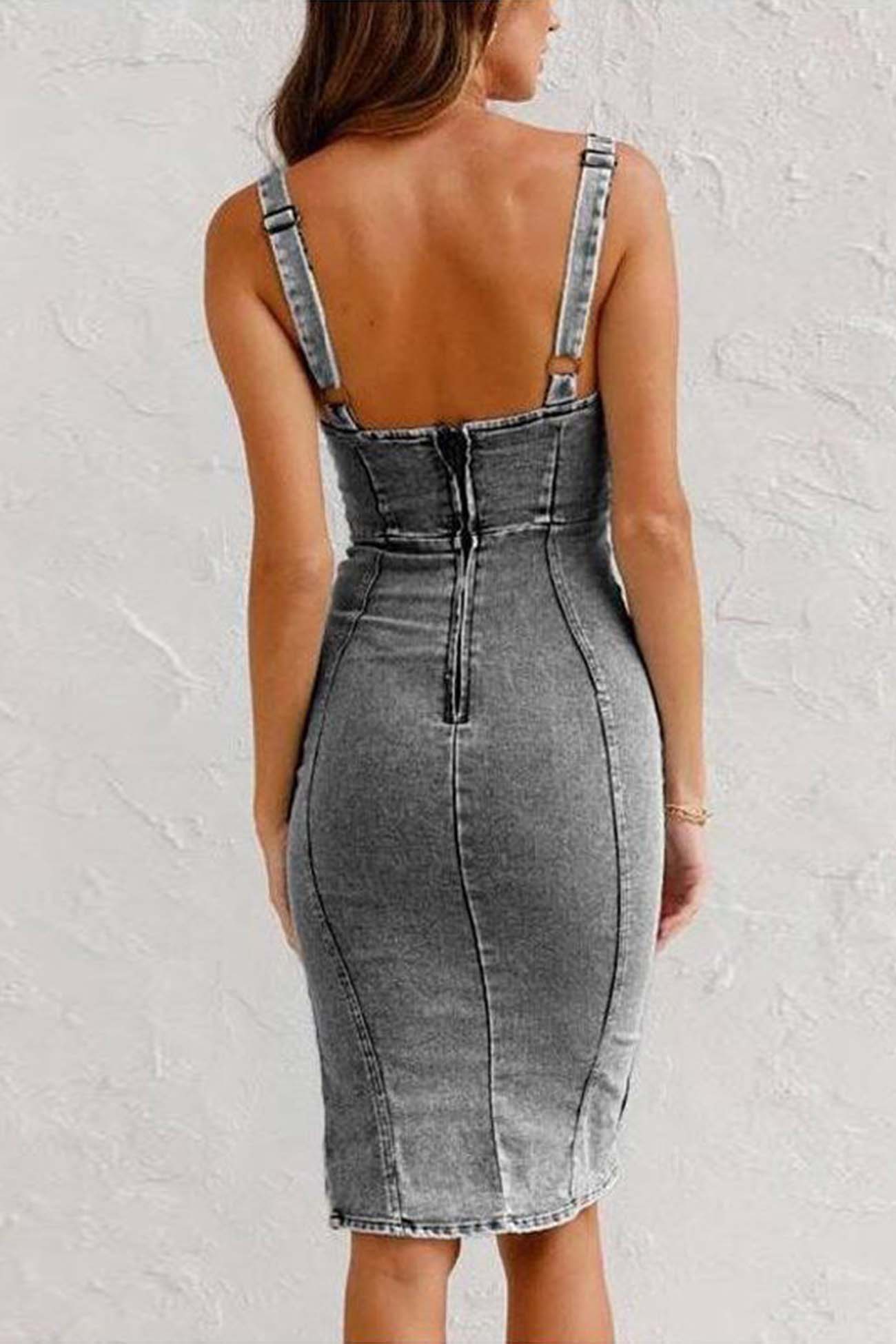 Robe en Jean Femme Reah – Robe Midi en Denim avec Fermeture Éclair, Fente & Finition Tendance