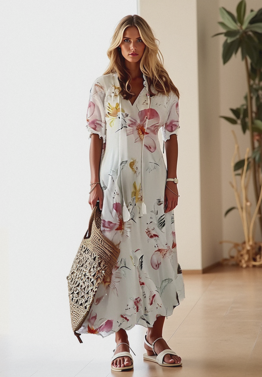 Long Dress Woman Bettina – Bohemian Summer Dress with Waist Cord & Airy Cut