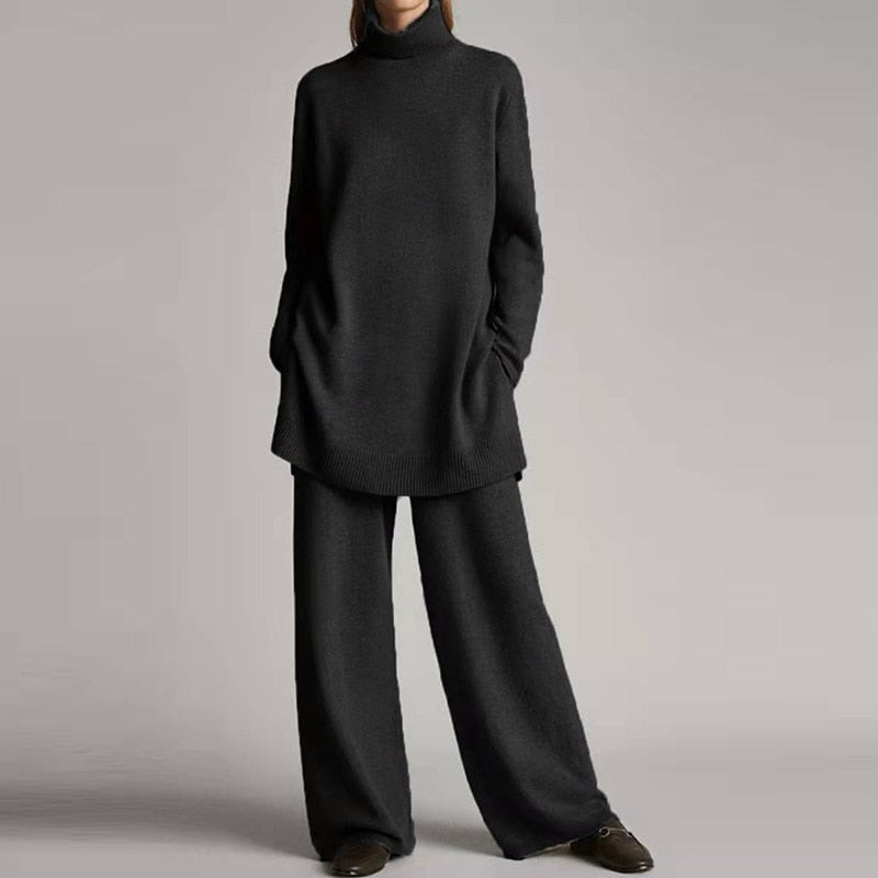 Emora Knit Set Women – Soft Turtleneck & Wide Leg Pants with Relaxed Fit