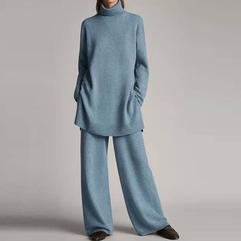 Emora Knit Set Women – Soft Turtleneck & Wide Leg Pants with Relaxed Fit