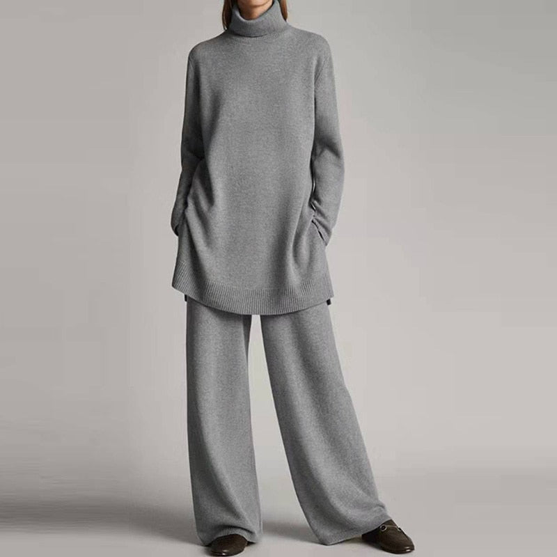 Samantha Ensemble Loungewear en Tricot pour Femme – Weiches Oberteil mit Rollkragen & ausgestellte Hose in lässigem Schnitt