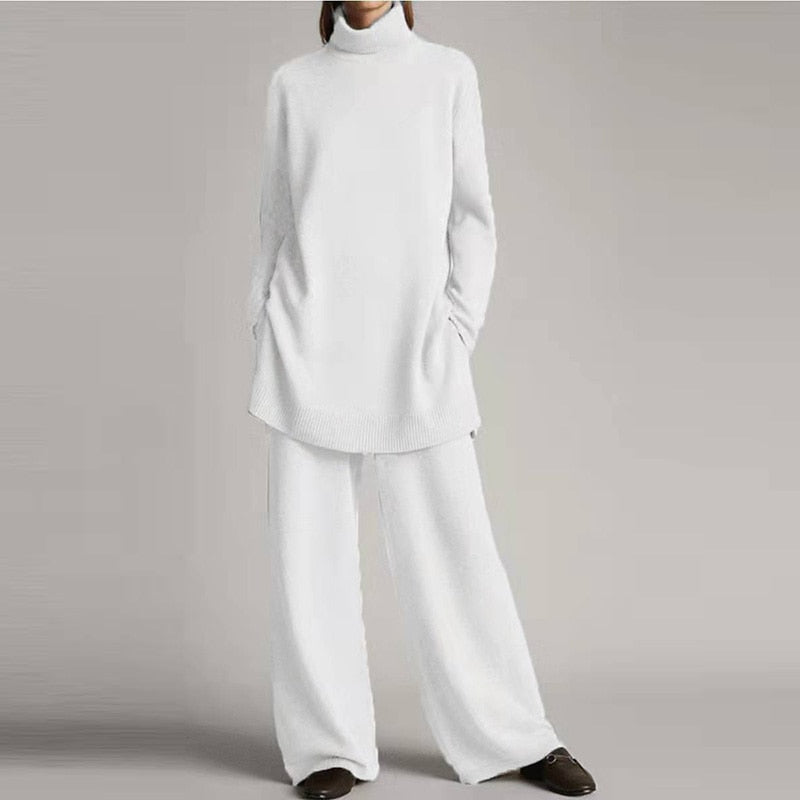Samantha Ensemble Loungewear en Tricot pour Femme – Weiches Oberteil mit Rollkragen & ausgestellte Hose in lässigem Schnitt