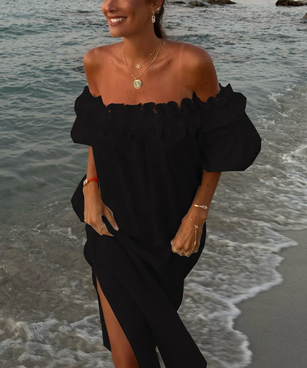 Valentina Robe Maxi Femme – Robe Boho Épaules Dénudées en Coton avec Volants & Encolure Bardot