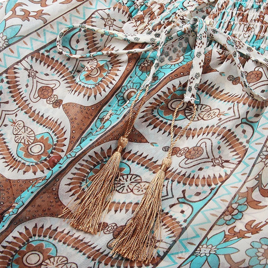 Długa sukienka w stylu boho Azaria – damska sukienka maxi z wzorem paisley i szykownym, zwiewnym fasonem