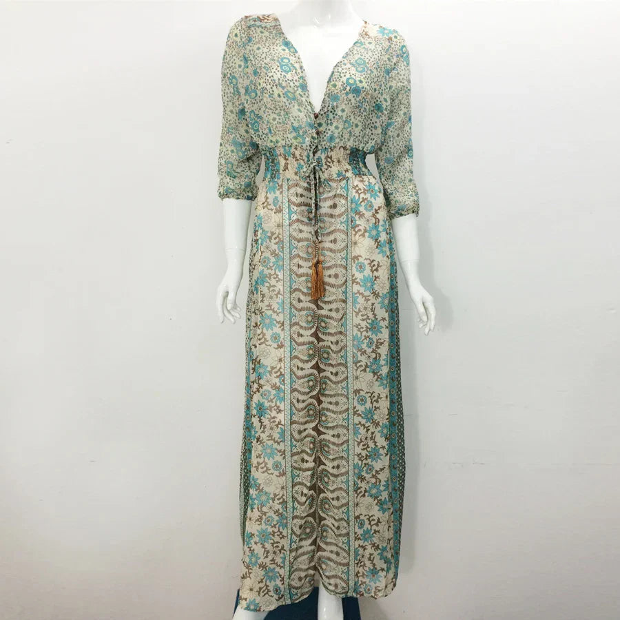 Długa sukienka w stylu boho Azaria – damska sukienka maxi z wzorem paisley i szykownym, zwiewnym fasonem